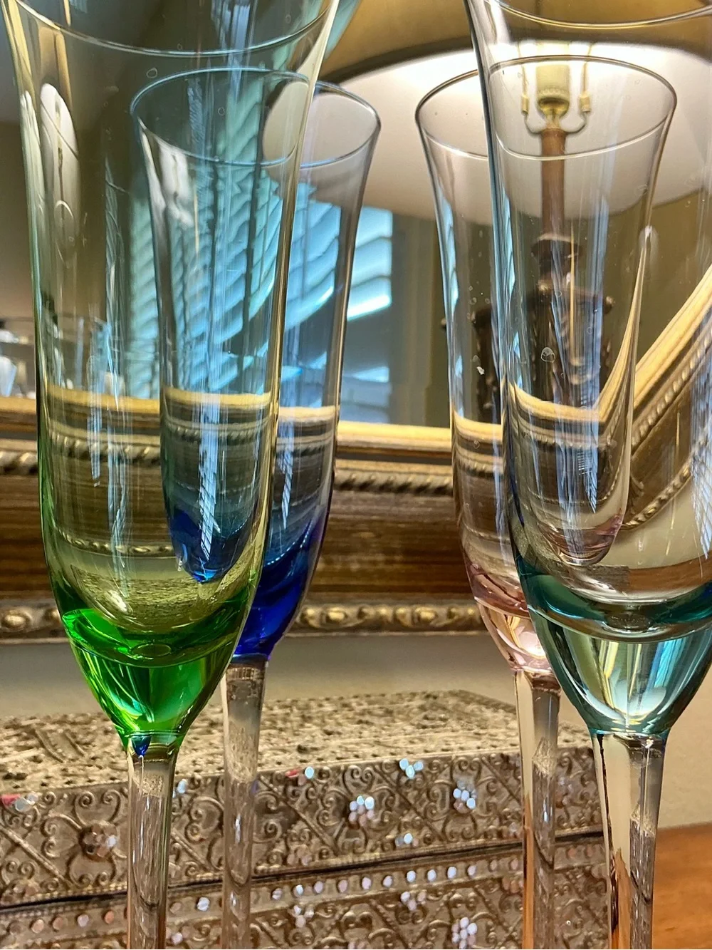 Vintage Hand-Blown Art Glass Champagne Flutes - Jewel Toned-Set of 4